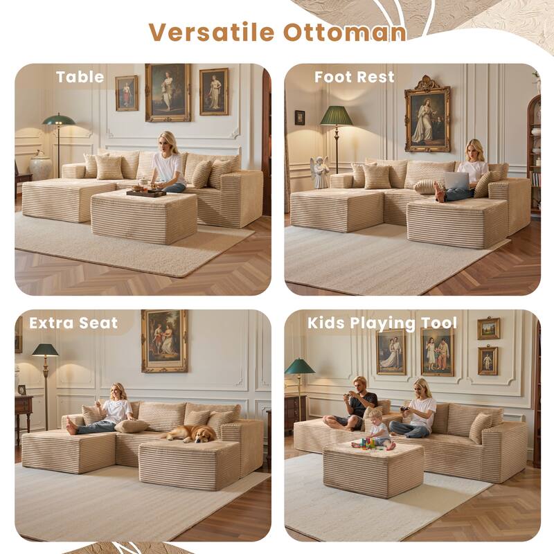 HOOOWOOO Modern Plush Corduroy L-shaped Sofa Chaise Lounge with Ottoman