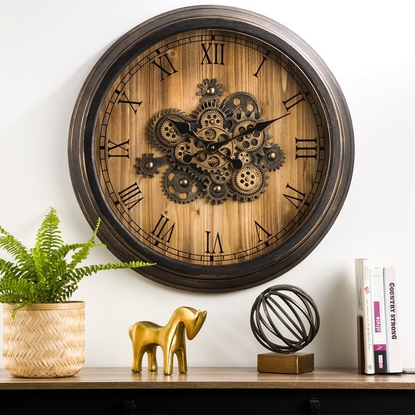 Glitzhome 27.8"D Vintage Industral Oversized Wooden/Metal Wall Clock with Moving Gears. Opens flyout.