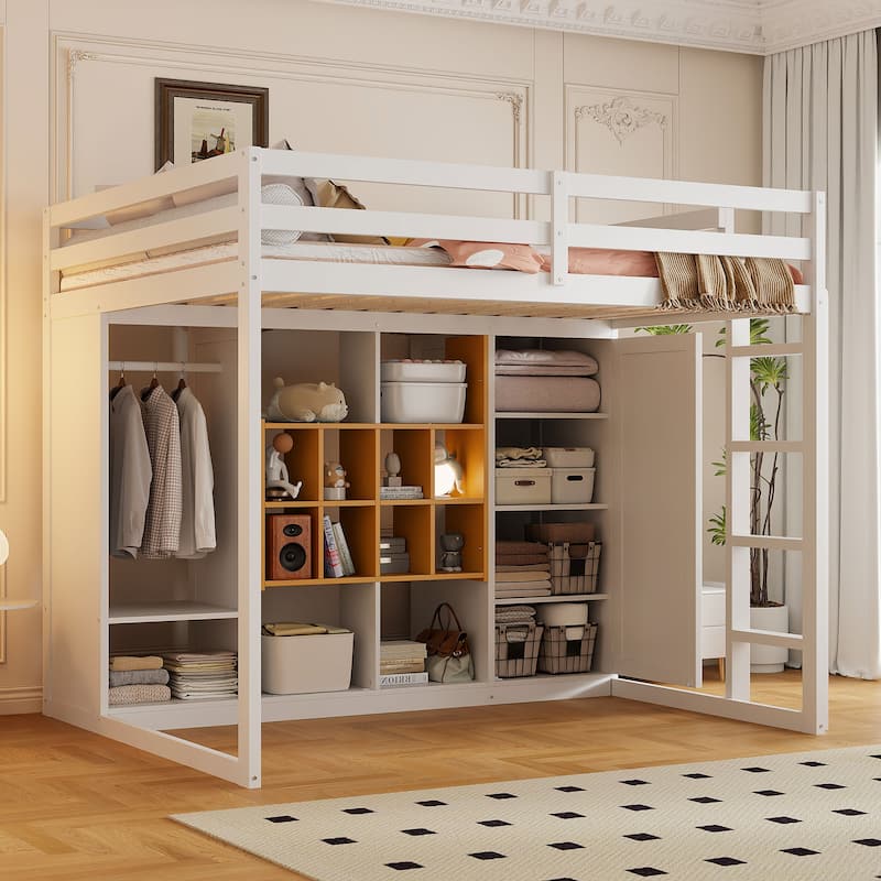 Full Size Wood Loft Bed with Wardrobe, shelves and Cabinet, White+Yellow - Yellow+White