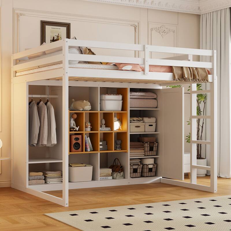 Twin/Full Size Versatile Loft Bed with Wardrobe, Storage Bed Frame with Multi-Shelves and Clothes Hanging Rod - White - Full