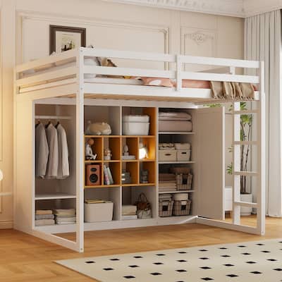 Twin/Full Size Versatile Loft Bed with Wardrobe, Storage Bed Frame with Multi-Shelves and Clothes Hanging Rod