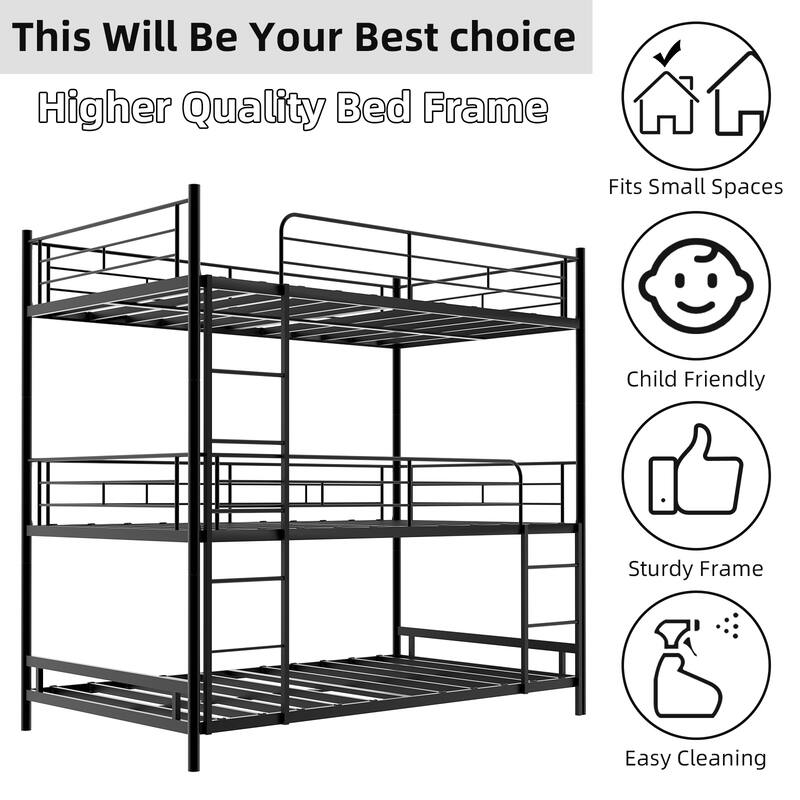 Heavy-Duty Triple Frame Bed With Built-In Ladder And Full-Length Railing, Floor Safe For Children/Teens, No Springs Required