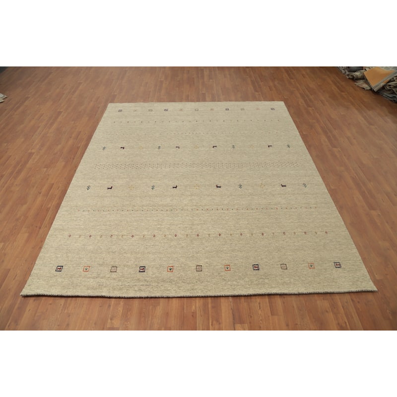 Hand Knotted Oriental 100% Wool Carpet Tribal Animal Pictorial Beige & Ivories Gabbeh Area Rug - 9' 9'' X 8' 3''