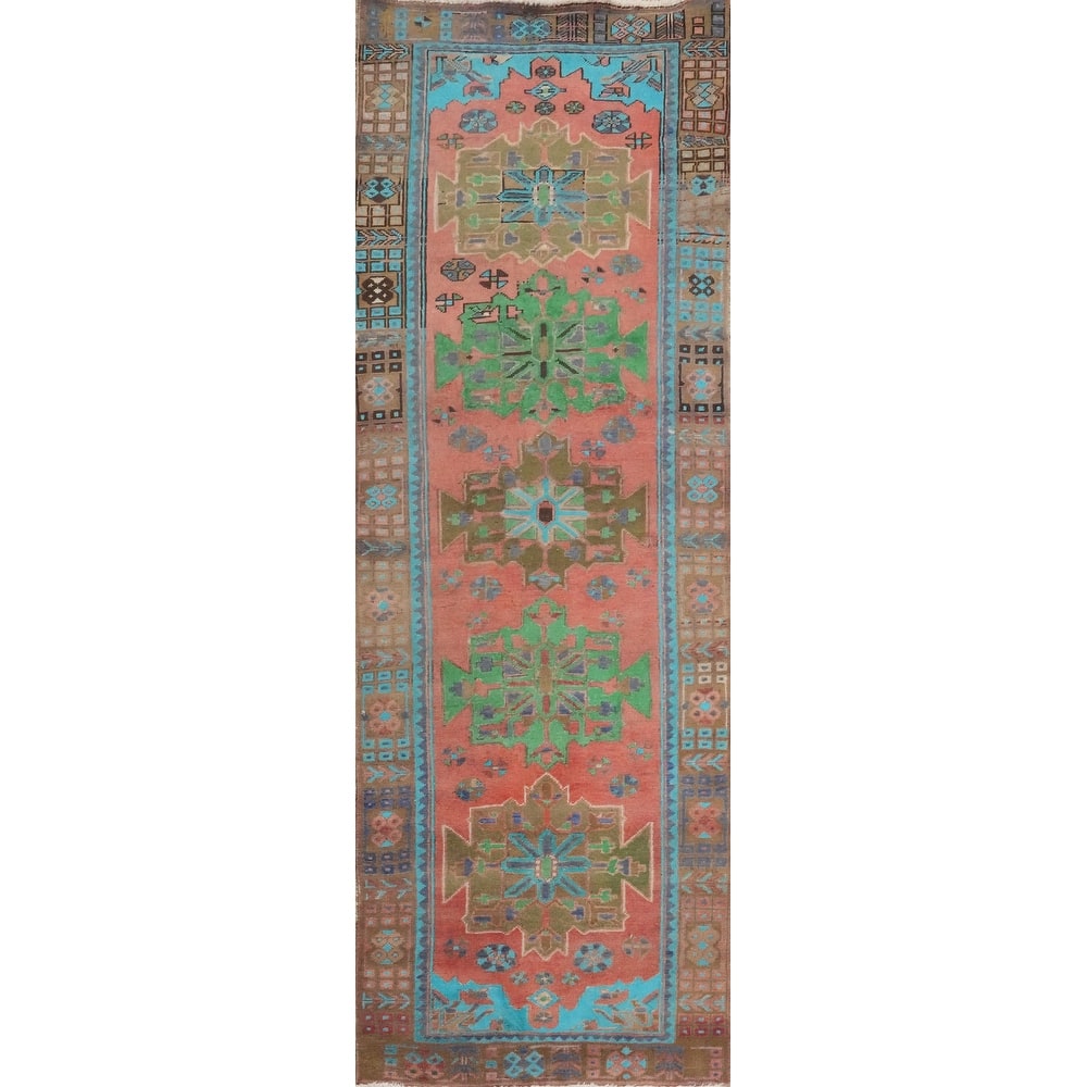 Hand Knotted Oriental 100% Wool Carpet Traditional Geometric Pink Hamedan Runner Rug - 9' 8'' X 3' 1''