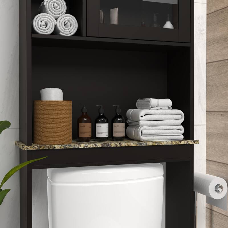 Over The Toilet Storage Cabinet with Open Shelves, Side Floor Organizer Toilet Paper Cabinet with Glass Door
