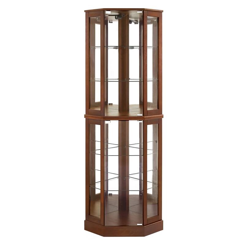 Lighted Corner Curio Display Cabinet with 6 Adjustable Glass Shelves and Mirrored Back Panel
