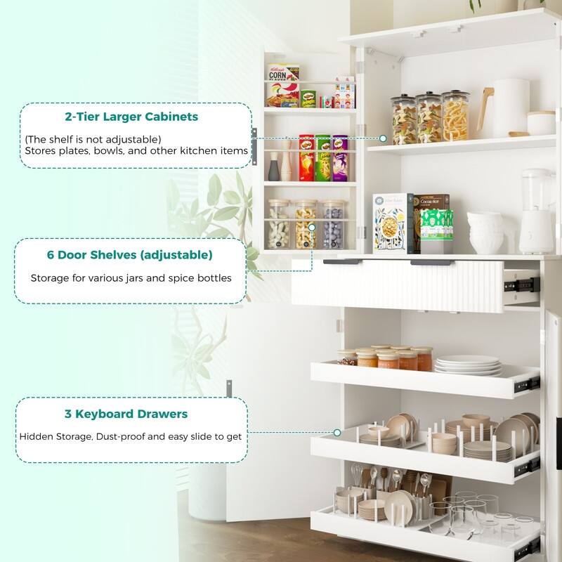 72" Kitchen Pantry Cabinet With Three Keyboard Drawers,Featuring Six Adjustable Door Shelves, Storage Cupboard