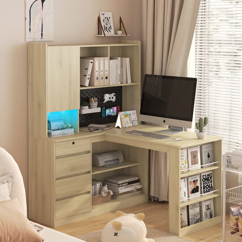 L Shaped Desk with Charger, Computer Desk with Drawers,Bookshelf,with LED Light, L-Shaped Study Table Writing Desk - Wood
