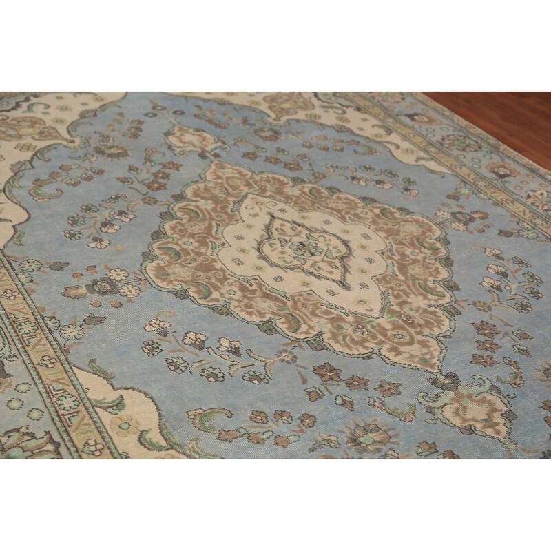 Light Blue Tabriz Persian Area Rug Hand-Knotted Oriental Wool Carpet - 7'10"x 11'1"