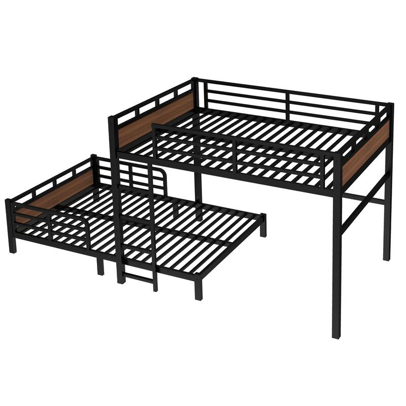 Roomfitters Queen over Queen Metal Bunk Bed, Convertible Separable Bed Frame with Safety Guardrails, Walnut