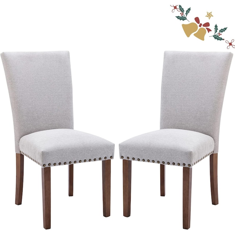 Upholstered Parsons Dining Chairs Set of 2/4/6, Fabric Dining Room Kitchen Side Chair with Nailhead Trim and Wood Legs - Set of 2 - F-LightGrey