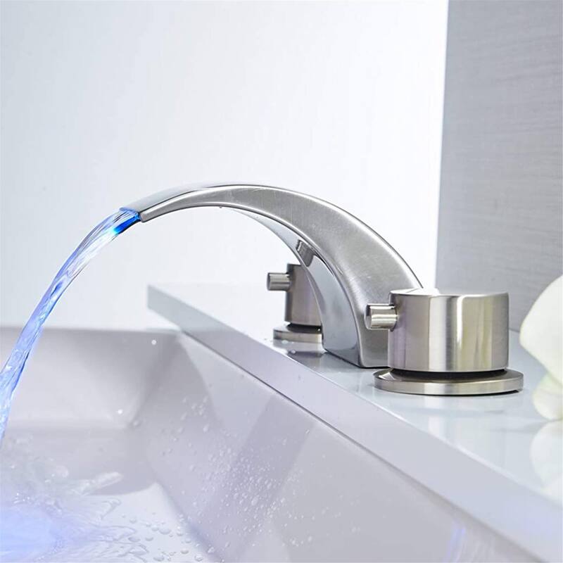 LED Widespread Bathroom Faucet With Drain Assembly 3 Holes Waterfall Bathroom Sink Faucets WIth Light 2 Handle Basin Vanity Tap