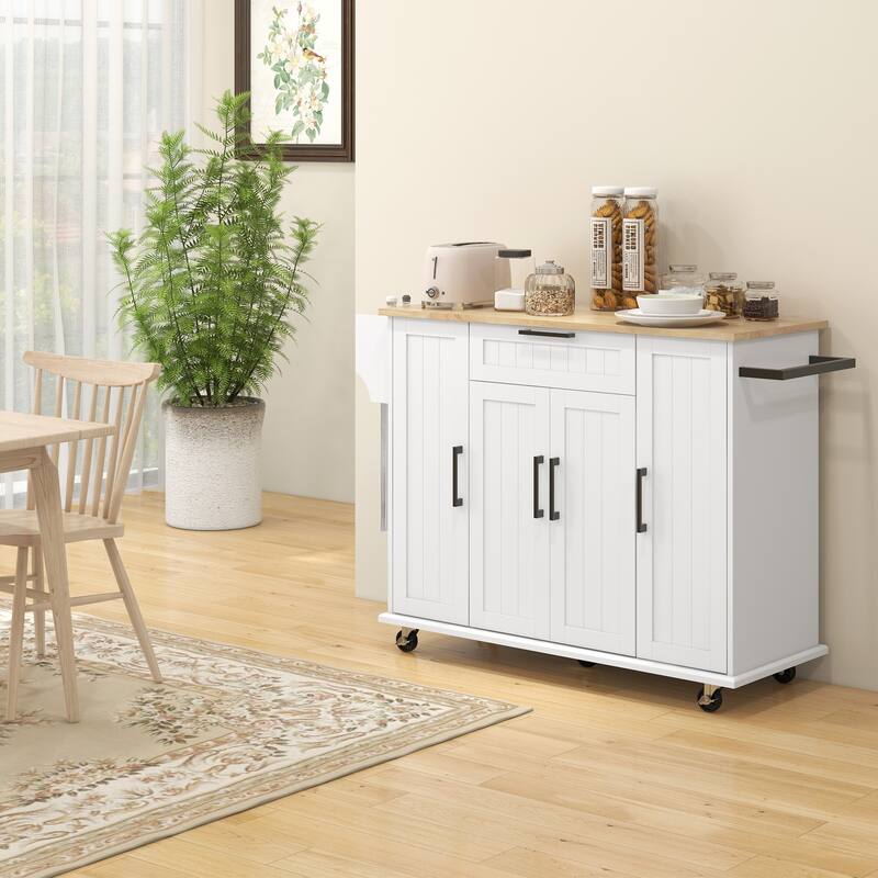 Kitchen Island on Wheels, Rolling Cart with Rubberwood Top, Drawer, Spice Towel Rack, Storage Cabinet with Adjustable Shelves