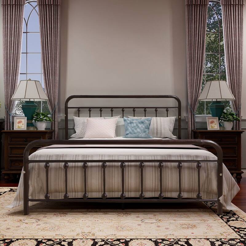 Alazyhome Simple Vintage Metal Platform Bed Frame, Easy-Assembly - Brown - Queen