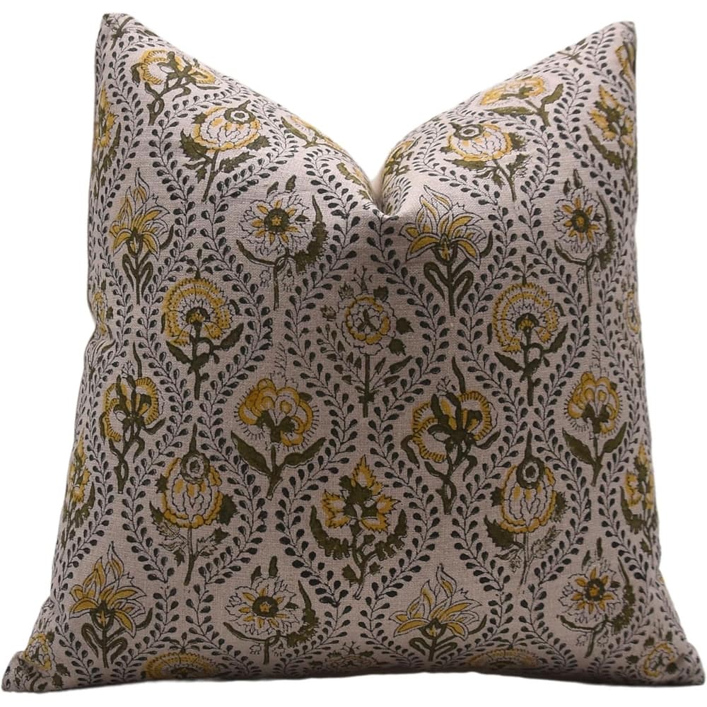 Fabdivine Linen Soft Sofa Block Print Green Farmhouse Cushion or Pillow Cover