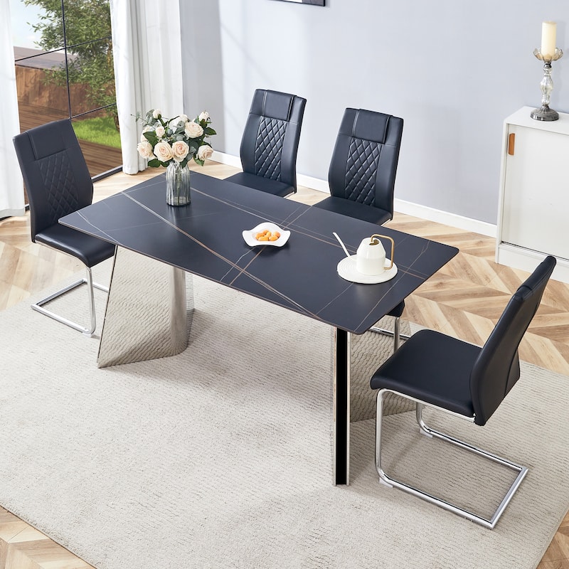 Modern Dining Set with Stainless Steel Butterfly Legs & High Back PU Chairs