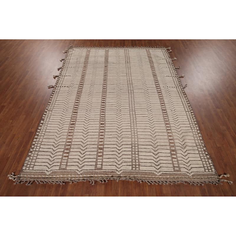 Earth Tone Moroccan Oriental Area Rug Handmade Stripe Wool Carpet - 7'11"x 10'5"