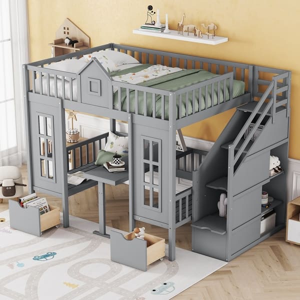 slide 2 of 9, Full-Over-Full Bunk Bed with Changeable Table, Wood Staircase Bedframe Gray - Full