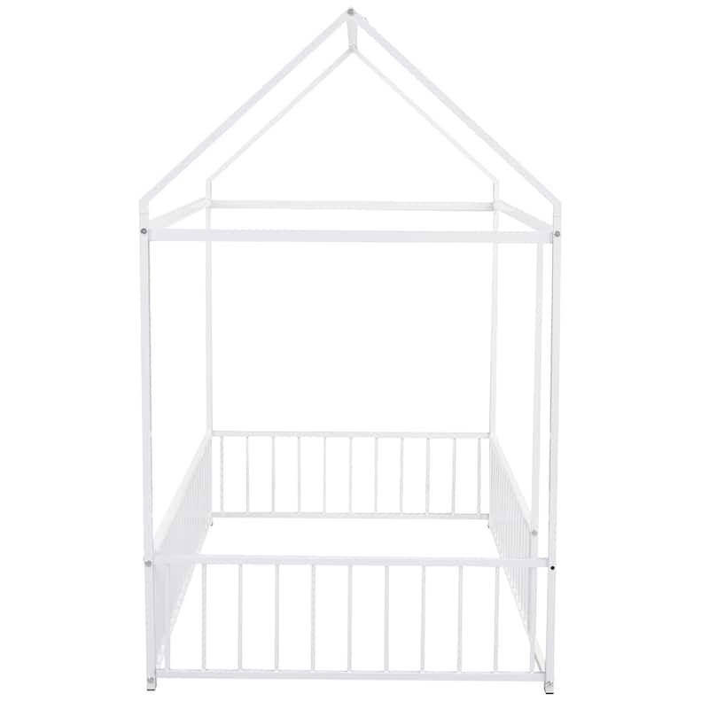 Twin Size Metal House Bed Frame with Fence & Roof
