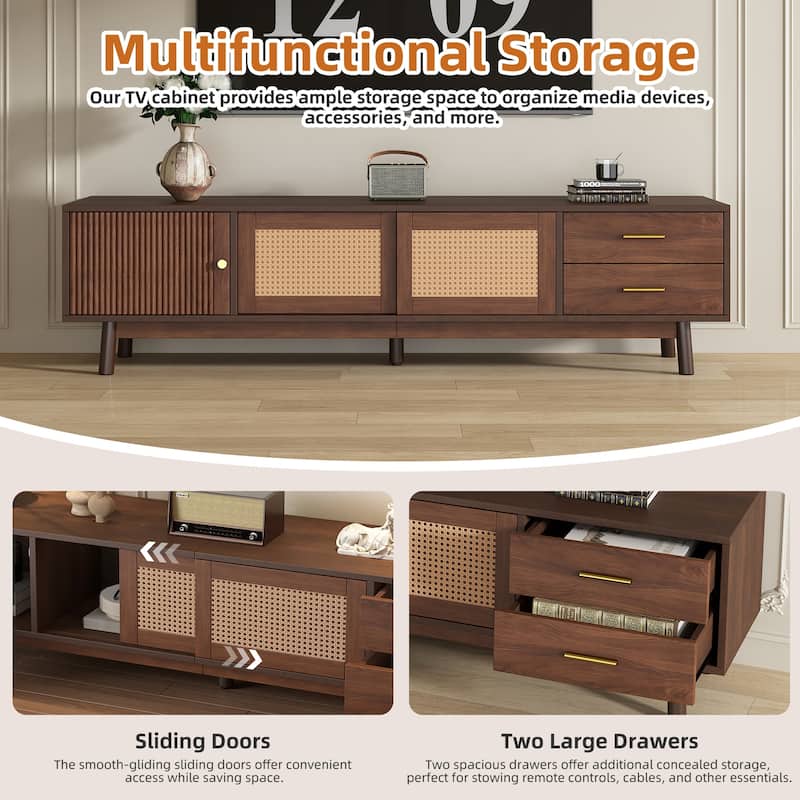 Mid Century Modern TV Stand Entertainment Center for up to 80" TVs, Rattan Sliding Doors TV Cabinet with Drawers for Living Room