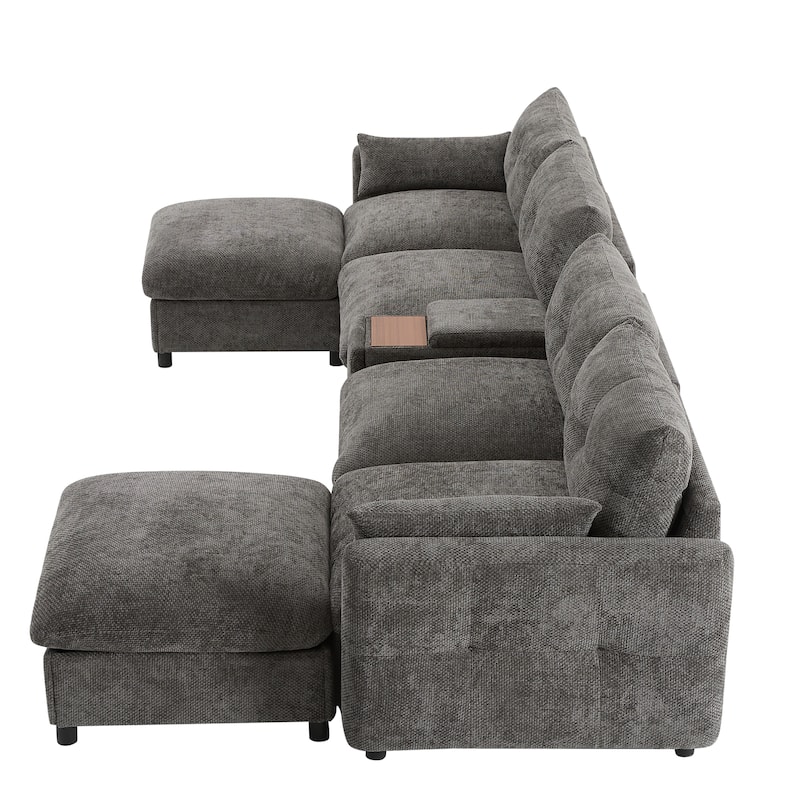 Modular Sectional Sofa With Movable Storage Ottoman And Console,Cup Holder,U Shaped Couch,Chenille Sofa With Usb Charger