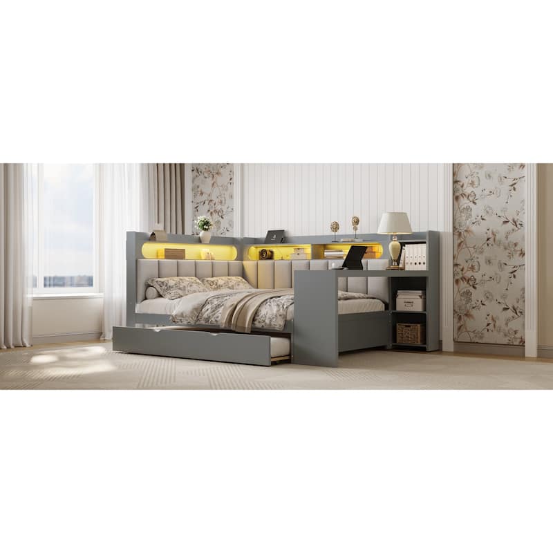 Roomfitters Full Daybed with Trundle, Charging Station and Upholstered Headboard