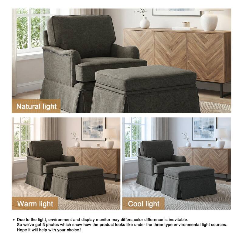 Chenille Swivel Accent Chair Storage Ottoman Set with Nailhead Trim Skirt