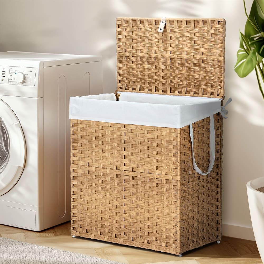Laundry Hamper with Lid, Synthetic Rattan Clothes Laundry Basket with Lid and Handles, Foldable, Removable Liner