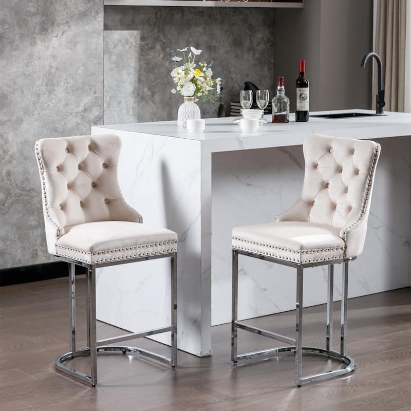 Counter Height Bar Stools Set of 2, Velvet Upholstered Accent Chairs with Button Back, Rivet Trim and Chromed Metal Base Legs