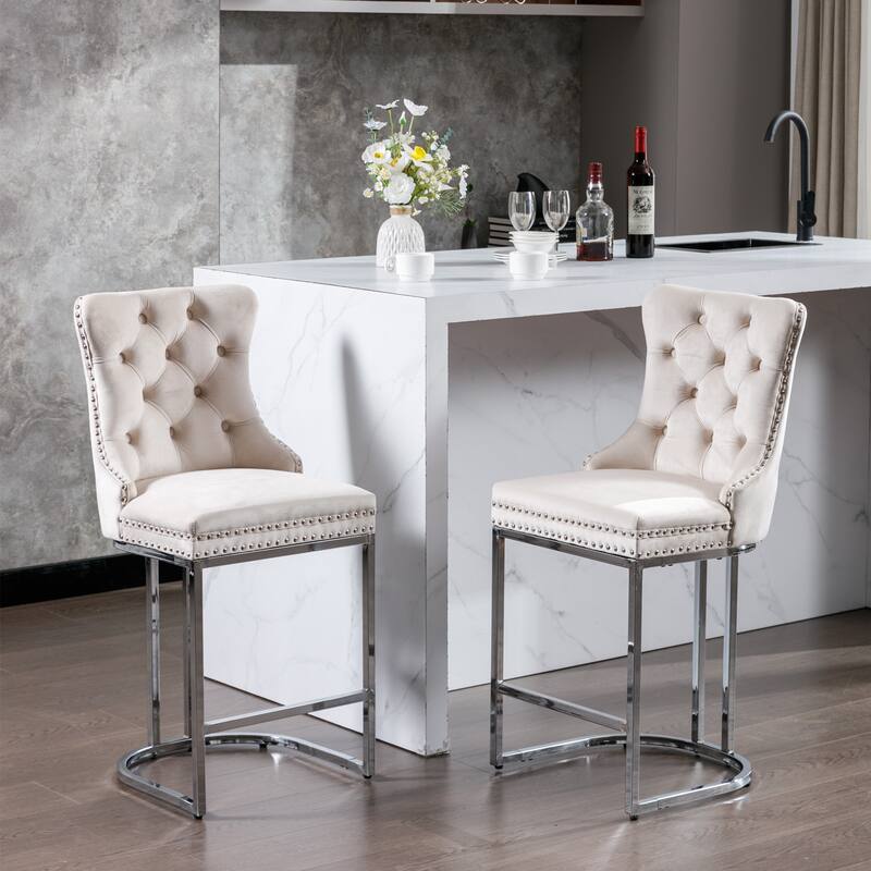 Set of 2 Modern Velvet Counter Bar Stools, 26" with Button Back & Rivet Trim, Chromed Metal Base Farmhouse Barstools - Beige