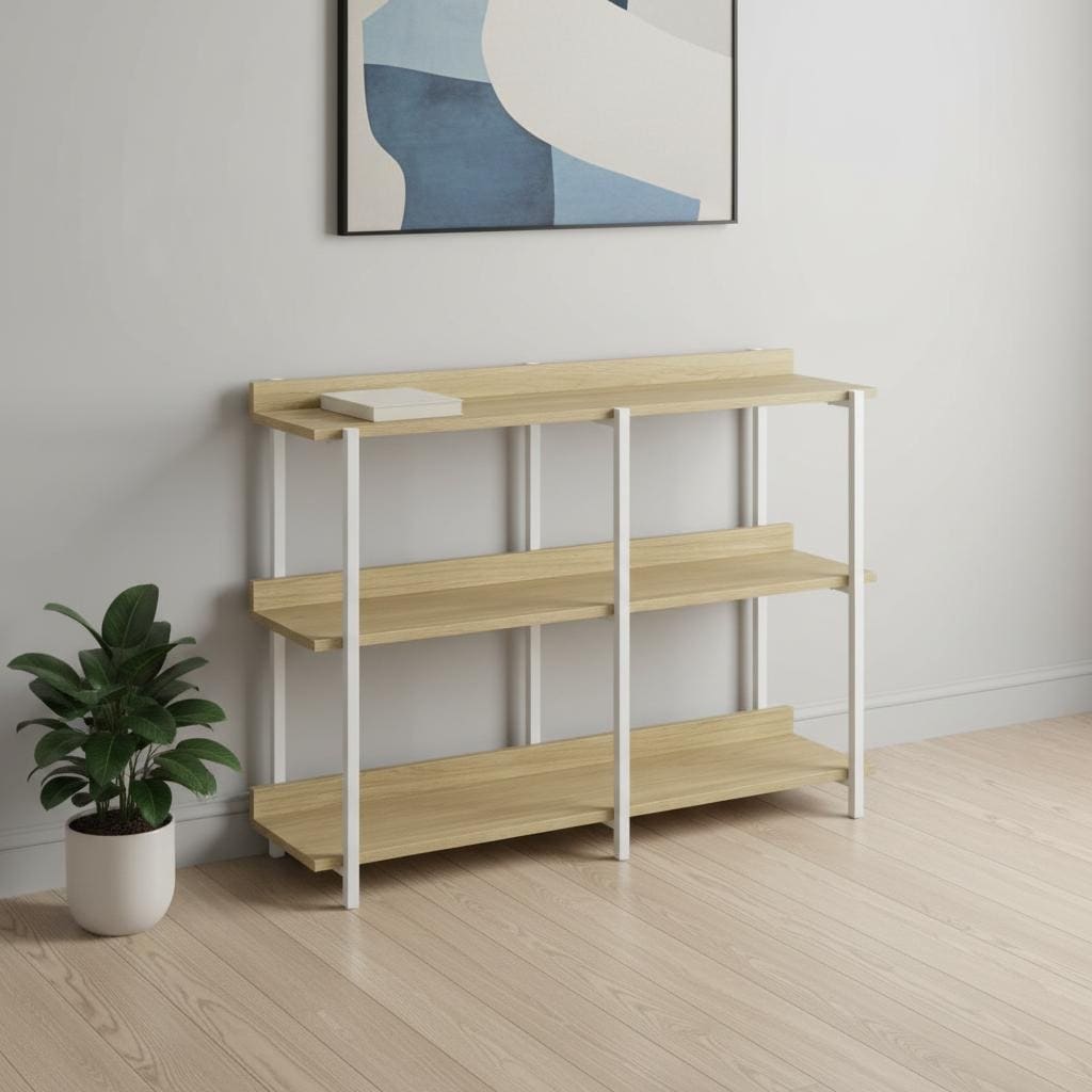 HomeRoots 47" Natural and White Wood and Metal Frame Console Table With Three Shelves - 47.25 in. x 34.00 in. x 12.00 in.