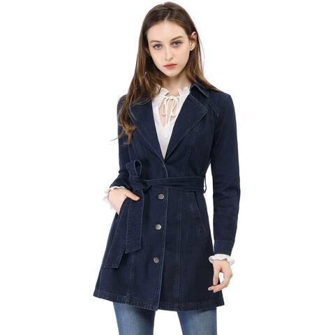 Women's Notched Lapel Belted Trench Long Jean Denim Jacket