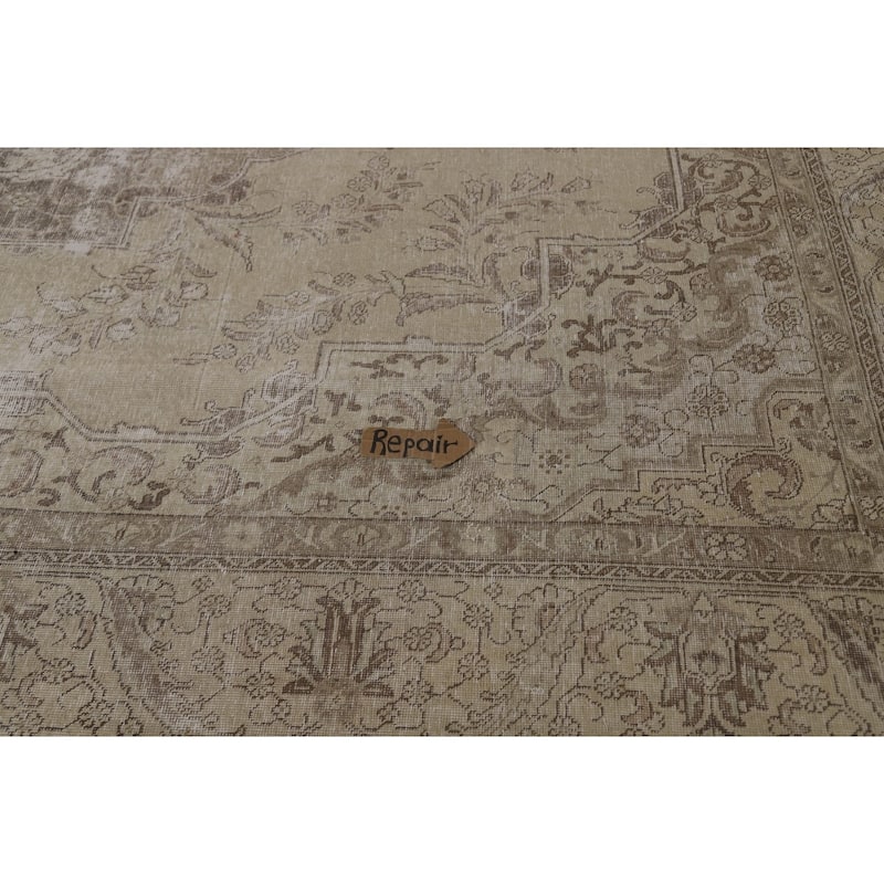 Tabriz Persian Vintage Area Rug Handmade Beige Wool Carpet - 9'4" x 12'10"