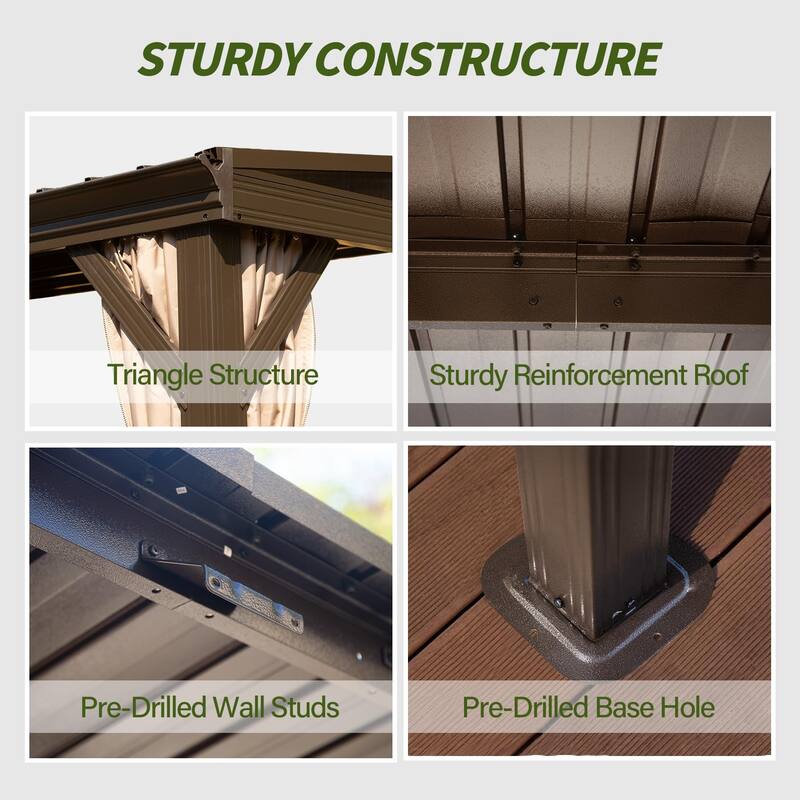 10x14FT Wall Mounted Metal Roof Gazebo with Gutters, Netting, and Privacy Curtains