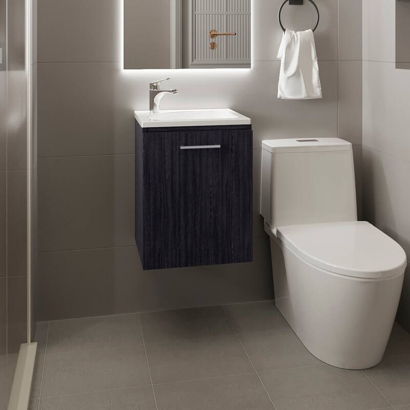 Floating, Wide One-Door Cabinet Vanity, With Resin Sink And One Shelf,Bathroom Storage - Black