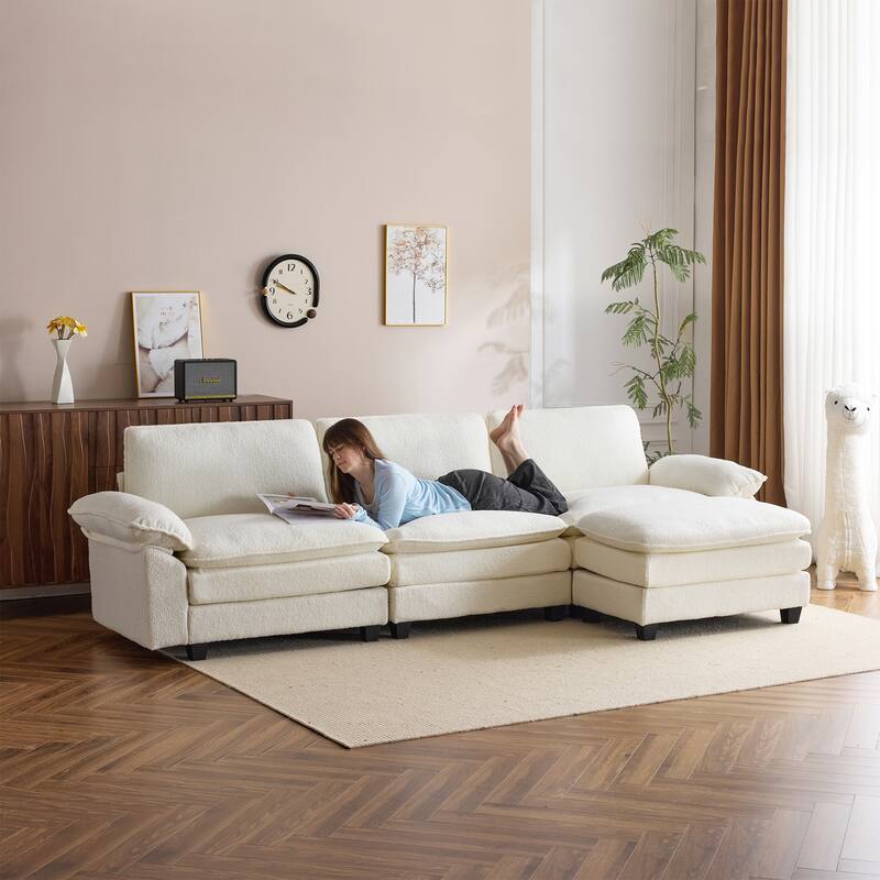 EROMMY Sectional Couches for Living Room, Oversized Sectional Couch, L-Shaped Couch with Teddy Fleece Material - Beige