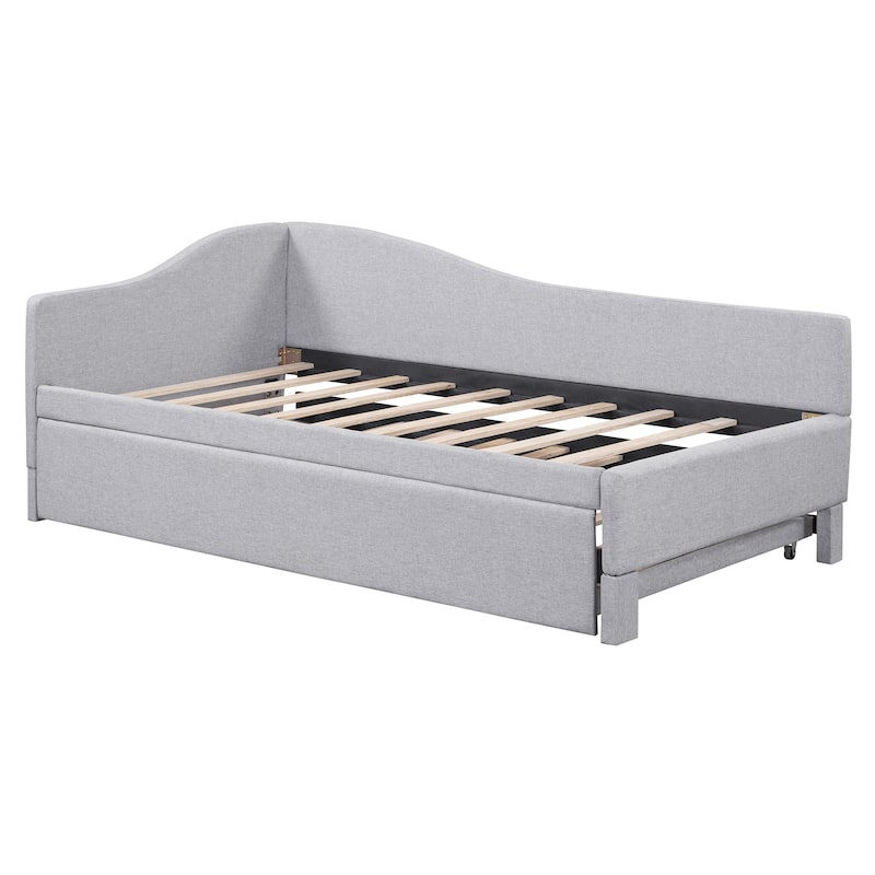 L-Shaped Backrest Platform Bed, Twin to King Extendable Daybed, Linen Upholstered Low Profile Panel Bed with Pop Up Trundle