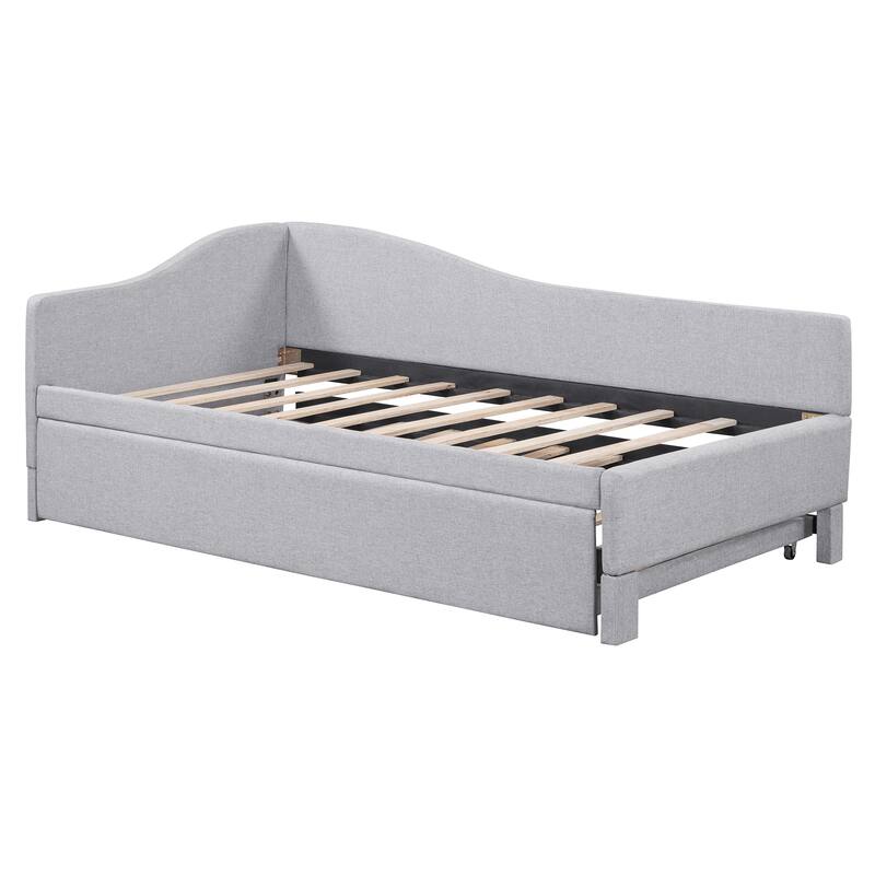 Roomfitters Twin Size Upholstered L-Shaped Daybed with Pop Up Trundle, Space Saving Fabric Sofa Bed Frame with Slats
