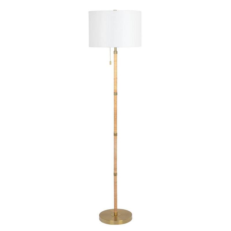 Wood Rattan Tube , Gold Brass Metal and White Linen Shade Floor Lamp