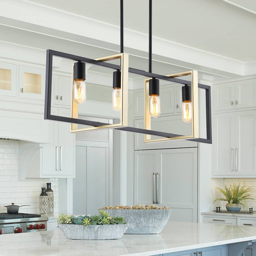 Modern 4-Light Matte Black and Gold Kitchen Island Linear Chandelier for Dining Room - 35.5-in L x 10.2-in W x 10.2-in H