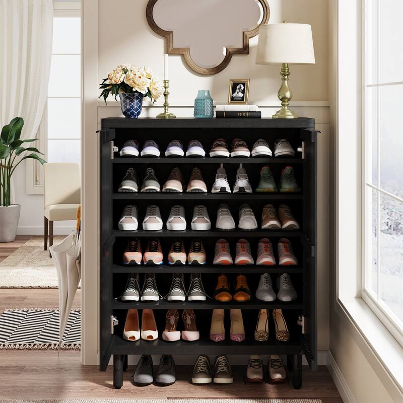 Wooden Shoe Cabinet with Shutter Doors, Adjustable Shelves Large Hidden Storage Organizer Rack for Entryway Hallway