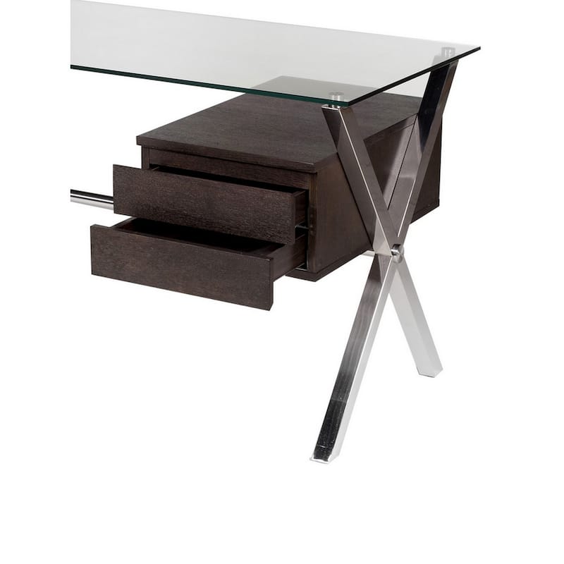 Tia 51 Inch Small Office Desk, Glass Tempered Top, 2 Drawers, Dark Brown
