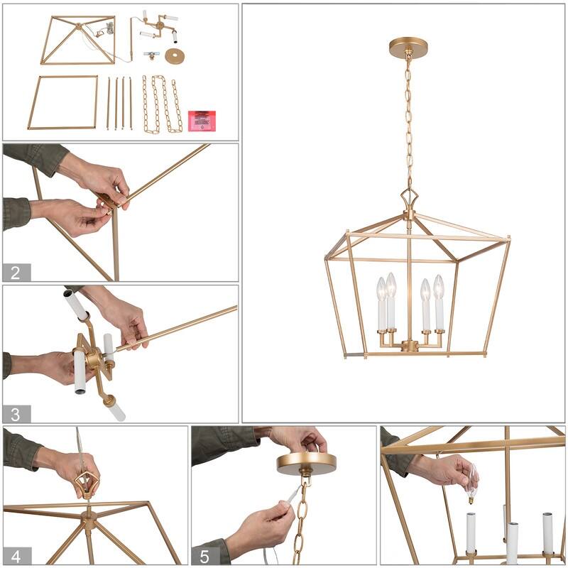 Modern Glam Gold 4-Light Geometric Lantern Cage Chandelier for Foyer - L17.5"*W17.5"*H20"