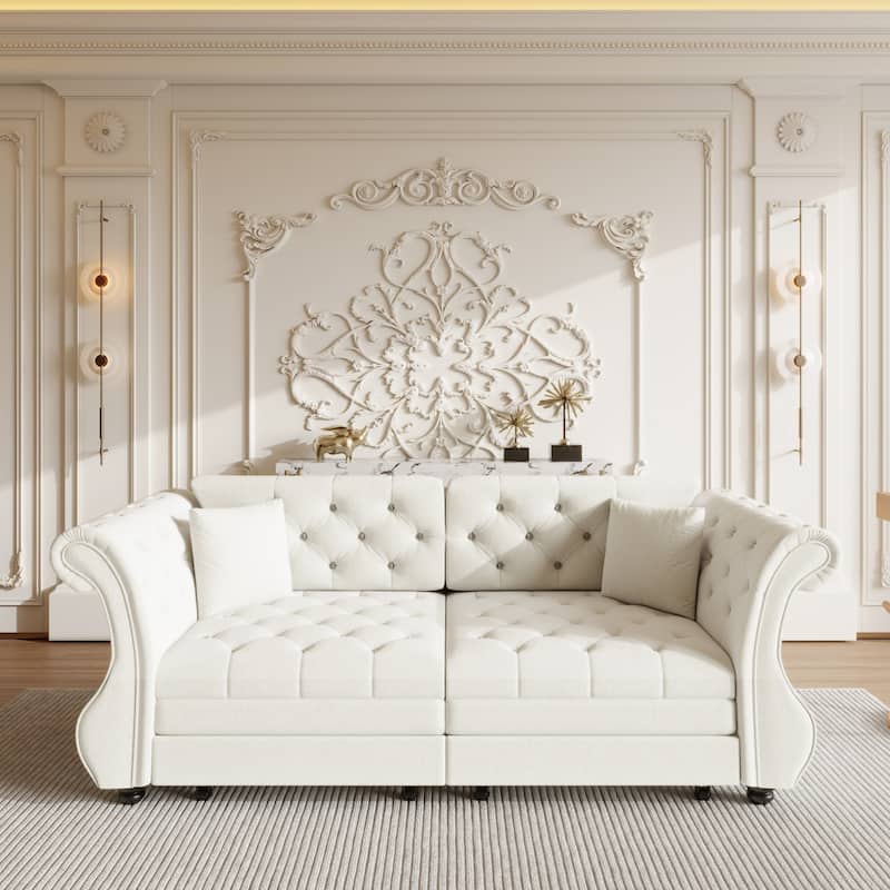 83.8" Velvet Sofa with Pull Out Bed with Rolled Arm and Flower Tufting - Beige