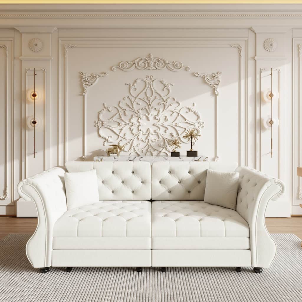 83.8" Velvet Sofa with Pull Out Bed with Rolled Arm and Flower Tufting