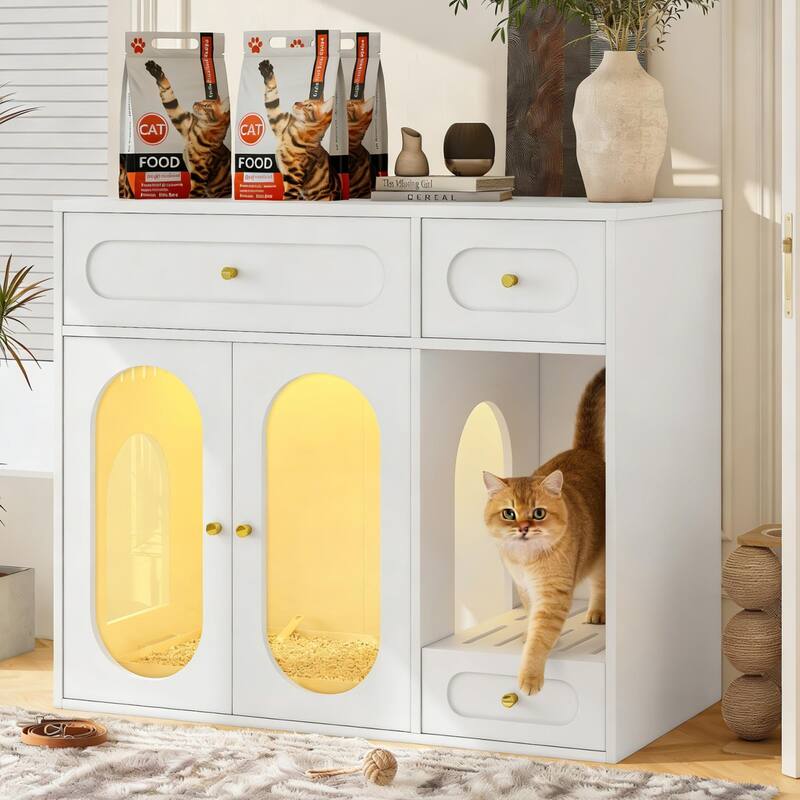 Cat Litter Box Enclosure with LED Light, Hidden Litter Box Furniture with Storage Drawers, Indoor Pet House with Acrylic Doors - White
