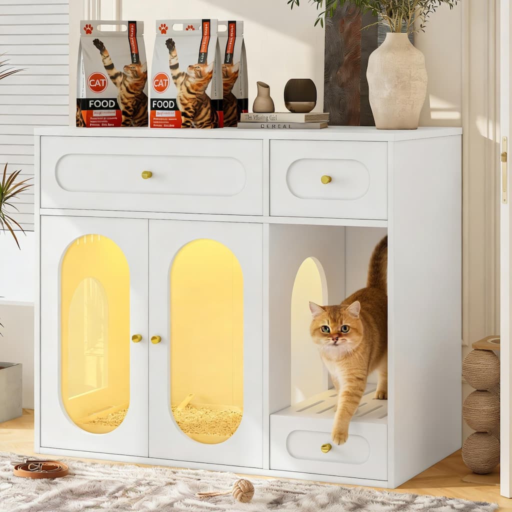 Cat Litter Box Enclosure with LED Light, Hidden Litter Box Furniture with Storage Drawers, Indoor Pet House with Acrylic Doors