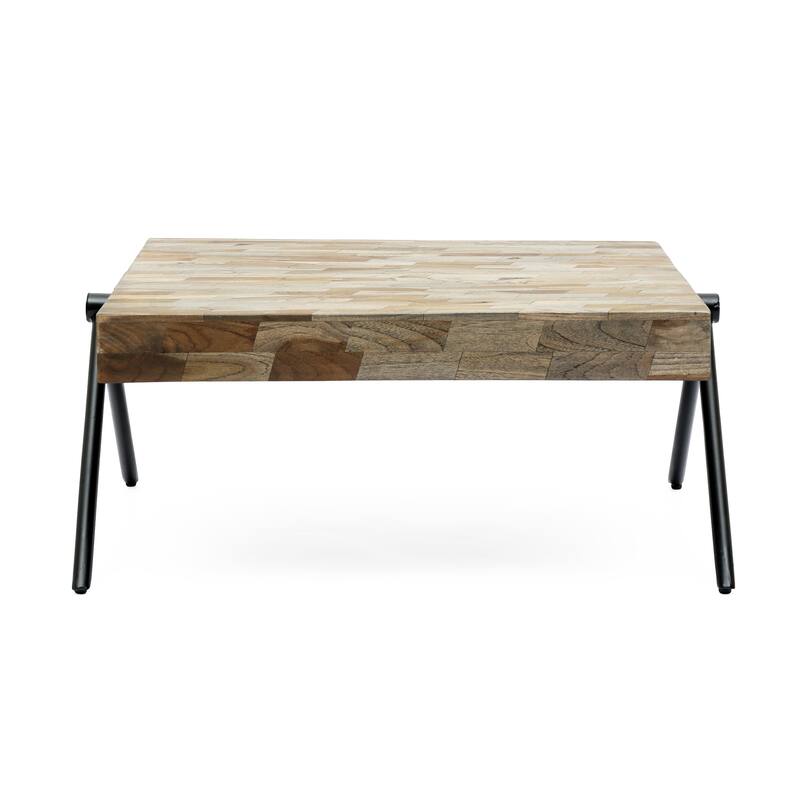 Modern Industrial Design Handcrafted Mango Wood Top Coffee Table wih Unique V-shaped Legs