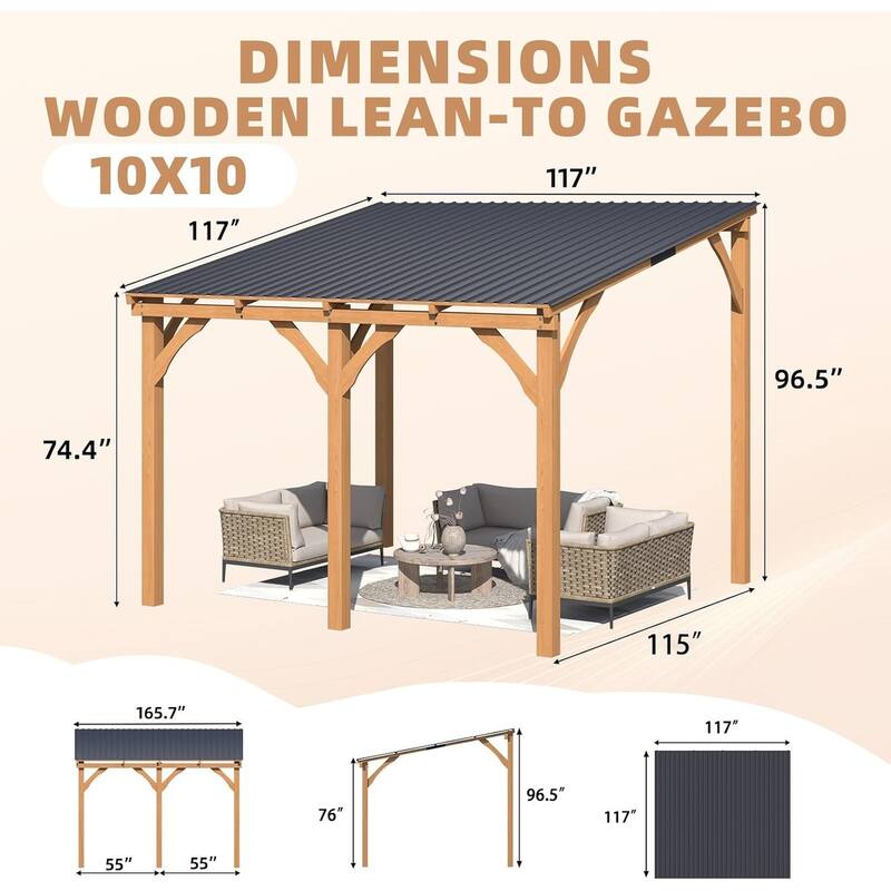 AECOJOY Outdoor Wood Gazebo for Patio, Outdoor Lean to Hardtop Cedar Pergolas and Gazebos Clearance