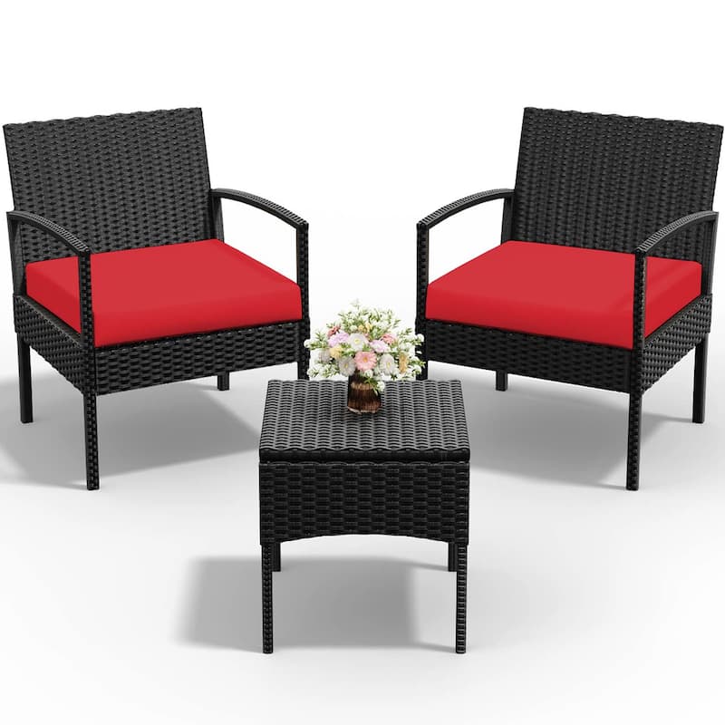 3 PCS Outdoor Patio Bistro, Rattan Conversation Chairs Set, Balcony Furniture Set - 28"H x 23.3"W x 23.3"D - Red